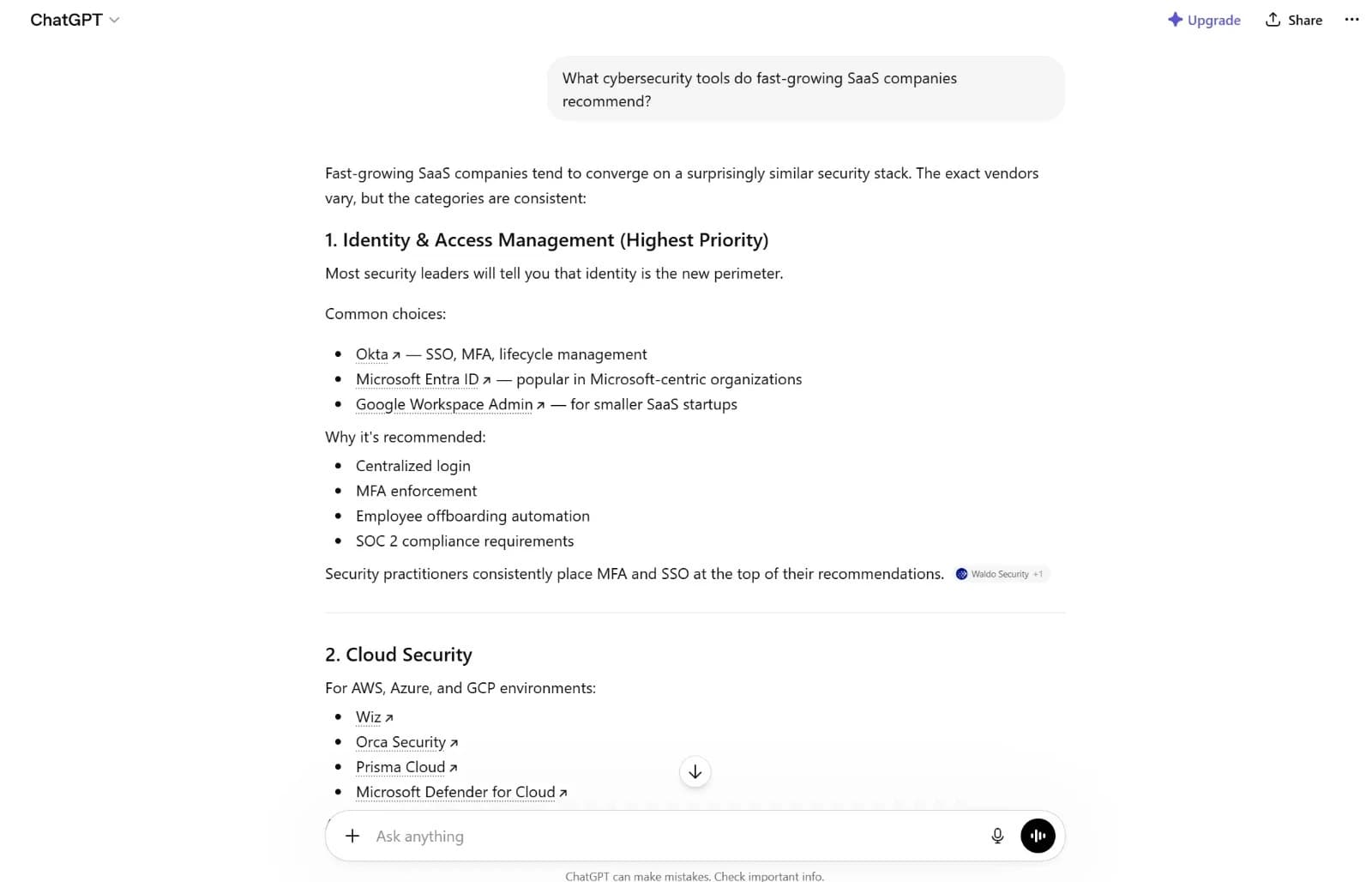 ChatGPT recommending Okta, Wiz, Snyk, and CrowdStrike for SaaS cybersecurity