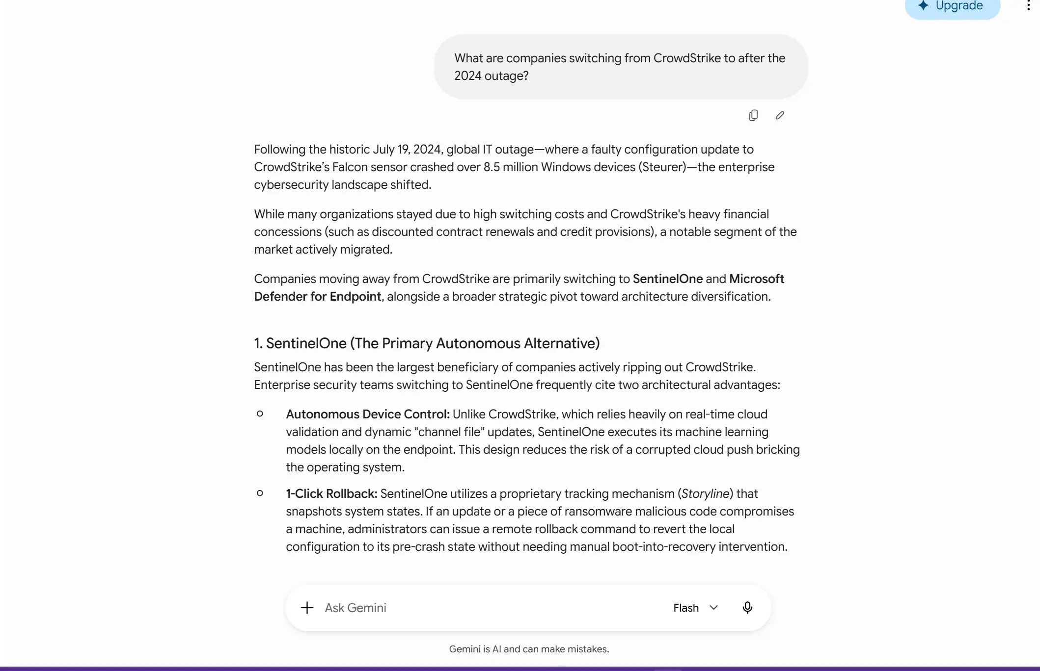 Gemini AI identifying top B2B cybersecurity SaaS platforms including Vanta and Cloudflare