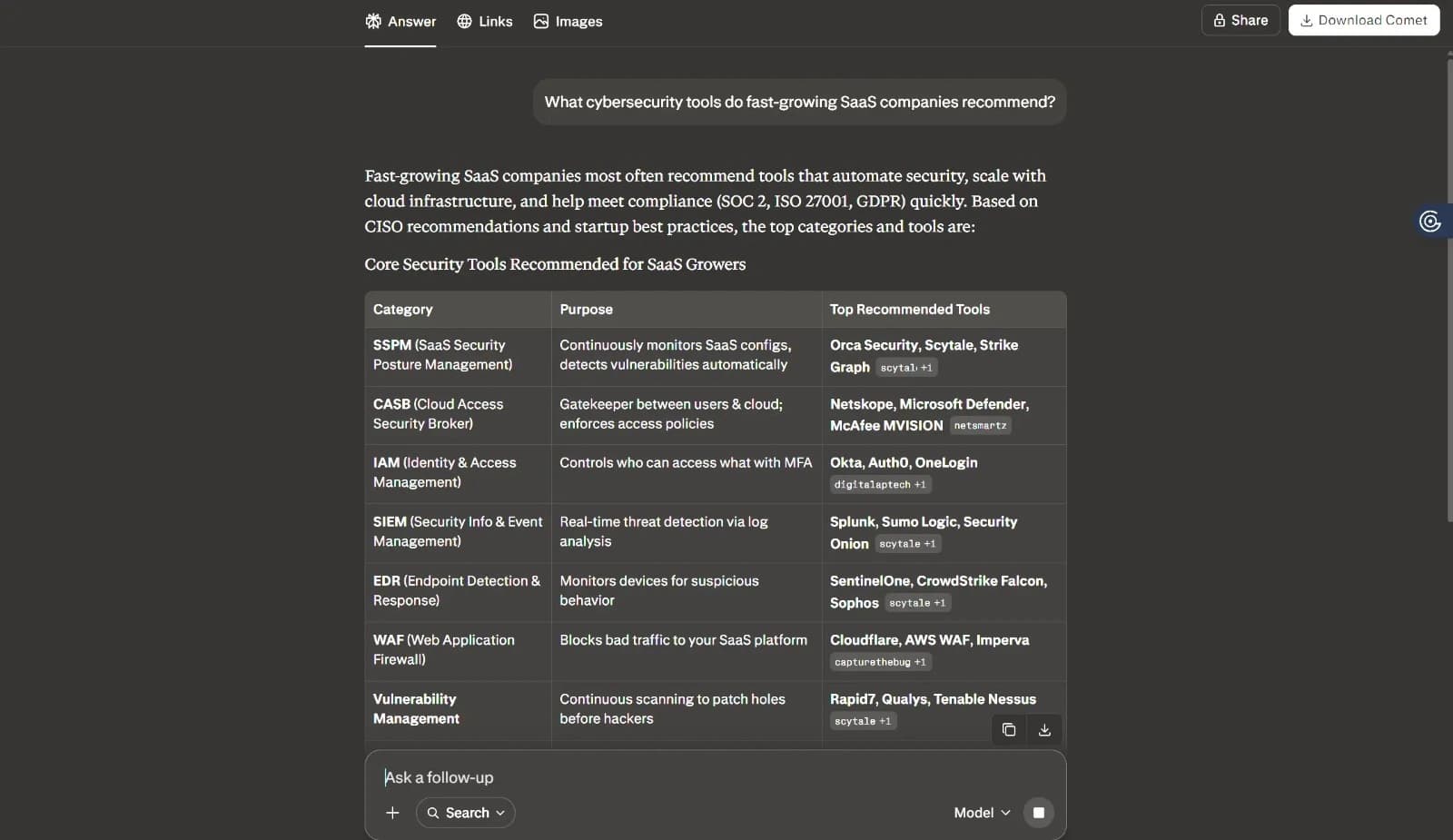 Perplexity AI search results analyzing enterprise DevSecOps and cloud posture tools